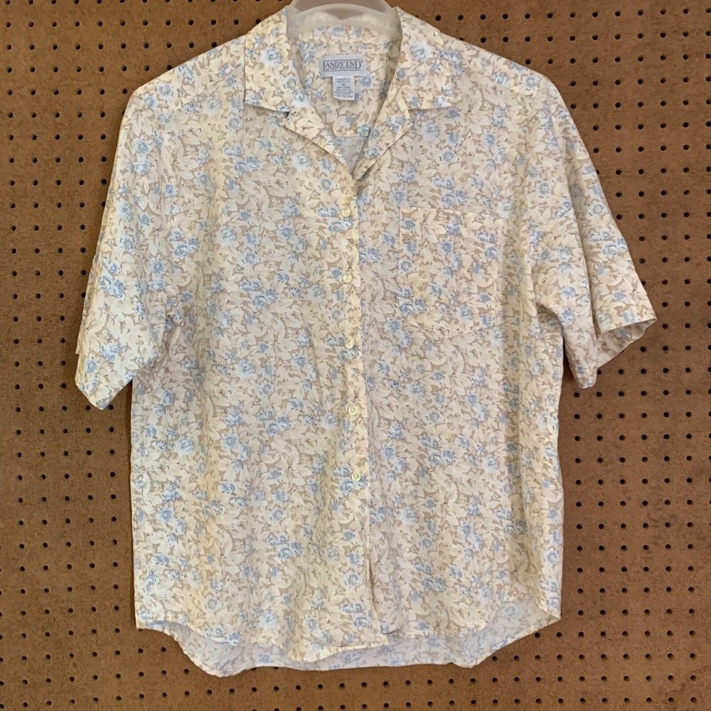 Lands' End Linen Shirt Top Button Down Casual Cottagecore Floral Dainty 90s 18